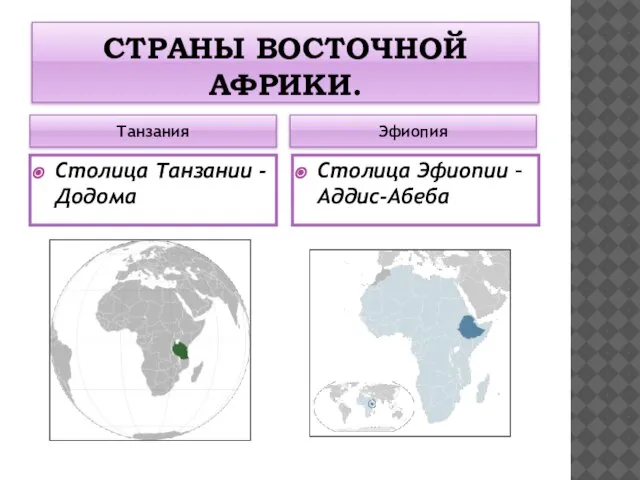 СТРАНЫ ВОСТОЧНОЙ АФРИКИ. Танзания Эфиопия Столица Танзании - Додома Столица Эфиопии – Аддис-Абеба