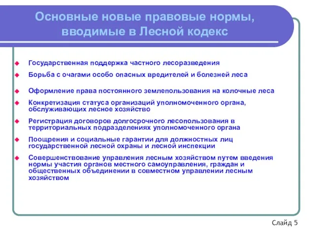 Основные новые правовые нормы, вводимые в Лесной кодекс Государственная поддержка частного лесоразведения