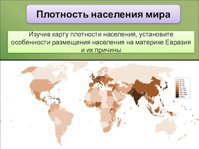 Плотность населения мира Изучив карту плотности населения, установите особенности размещения населения на