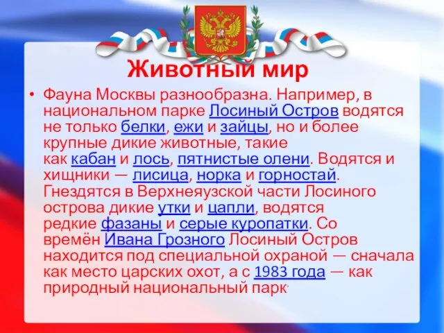 Животный мир Фауна Москвы разнообразна. Например, в национальном парке Лосиный Остров водятся