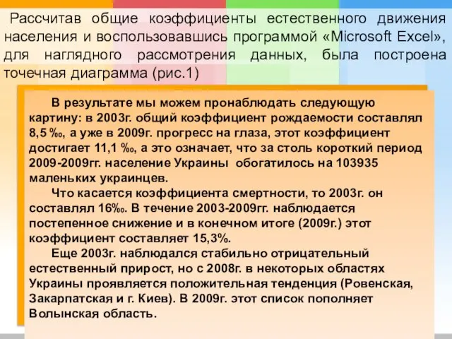 Рассчитав общие коэффициенты естественного движения населения и воспользовавшись программой «Microsoft Excel», для