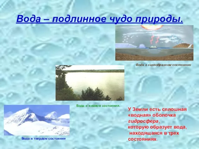 Вода – подлинное чудо природы. У Земли есть сплошная «водная» оболочка гидросфера,