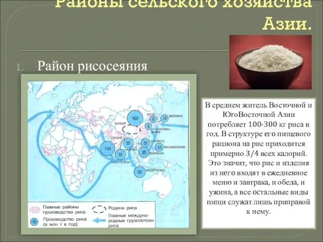 Районы сельского хозяйства Азии. Район рисосеяния В среднем житель Восточной и ЮrоВосточной