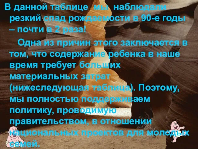 В данной таблице мы наблюдали резкий спад рождаемости в 90-е годы –