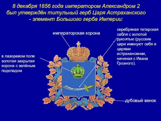 8 декабря 1856 года императором Александром 2 был утверждён титульный герб Царя