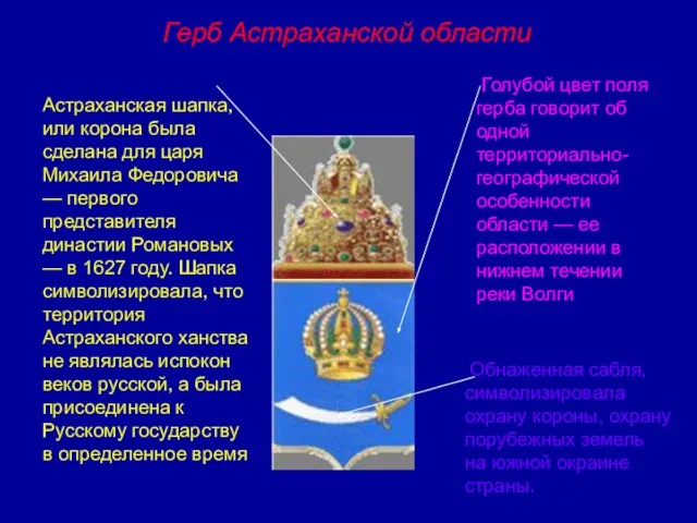 Герб Астраханской области Астраханская шапка, или корона была сделана для царя Михаила
