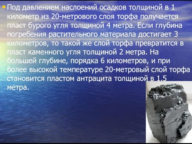 Под давлением наслоений осадков толщиной в 1 километр из 20-метрового слоя торфа