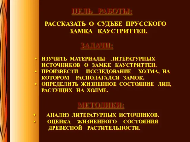 ИЗУЧИТЬ МАТЕРИАЛЫ ЛИТЕРАТУРНЫХ ИСТОЧНИКОВ О ЗАМКЕ КАУСТРИТТЕН. ПРОИЗВЕСТИ ИССЛЕДОВАНИЕ ХОЛМА, НА КОТОРОМ