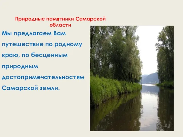 Природные памятники Самарской области Мы предлагаем Вам путешествие по родному краю, по