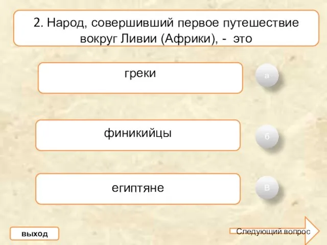 а б В 2. Народ, совершивший первое путешествие вокруг Ливии (Африки), -