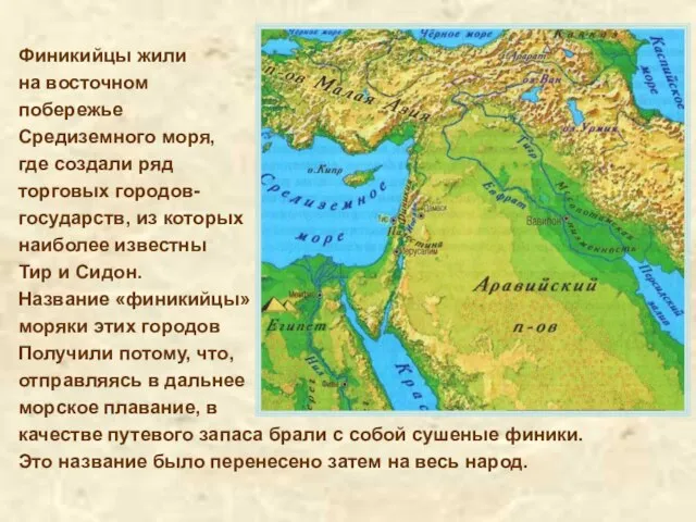 Финикийцы жили на восточном побережье Средиземного моря, где создали ряд торговых городов-