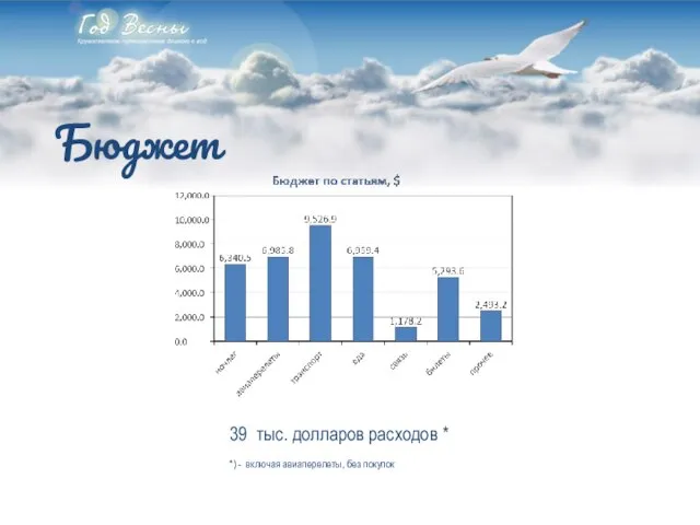 Бюджет 39 тыс. долларов расходов * *) - включая авиаперелеты, без покупок