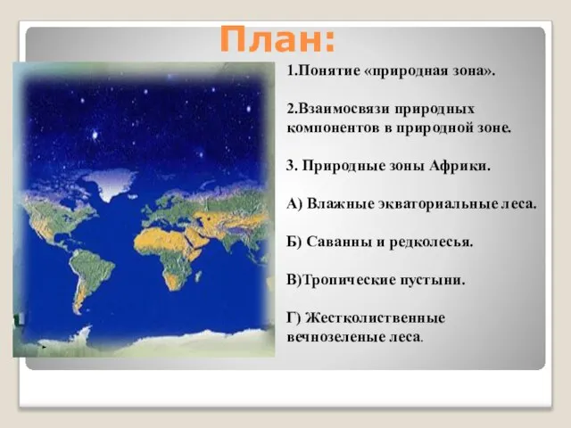 План: 1.Понятие «природная зона». 2.Взаимосвязи природных компонентов в природной зоне. 3. Природные