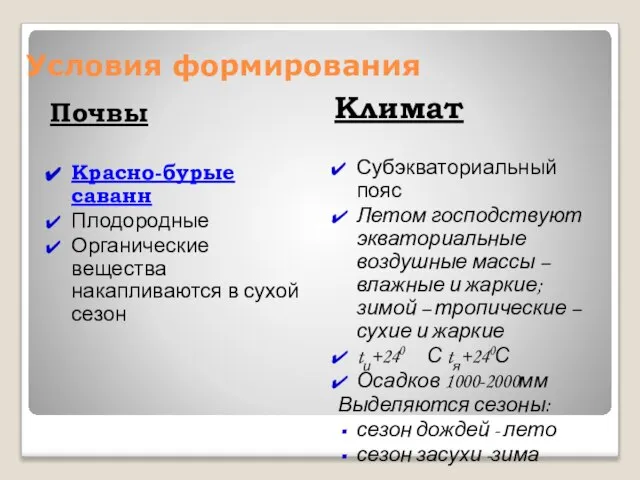 Условия формирования Почвы Климат Красно-бурые саванн Плодородные Органические вещества накапливаются в сухой