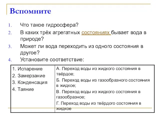 Вспомните Что такое гидросфера? В каких трёх агрегатных состояниях бывает вода в