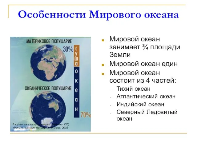 Особенности Мирового океана Мировой океан занимает ¾ площади Земли Мировой океан един