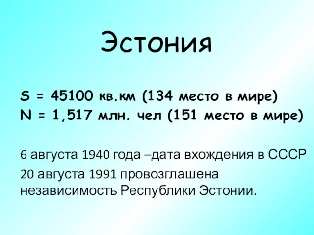 Эстония S = 45100 кв.км (134 место в мире) N = 1,517