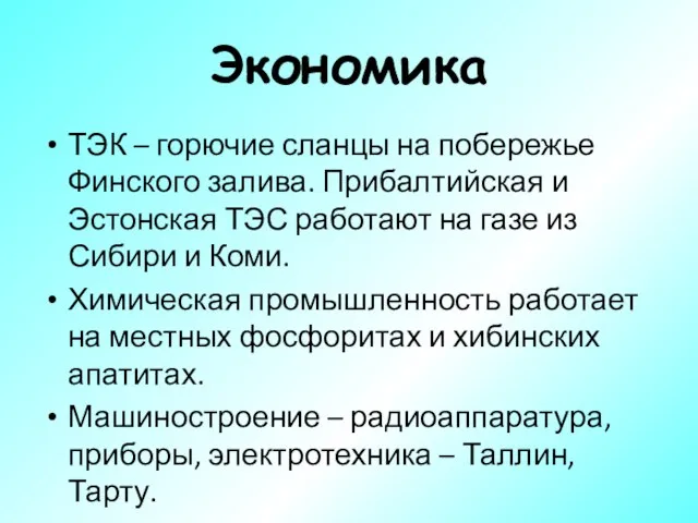 Экономика ТЭК – горючие сланцы на побережье Финского залива. Прибалтийская и Эстонская