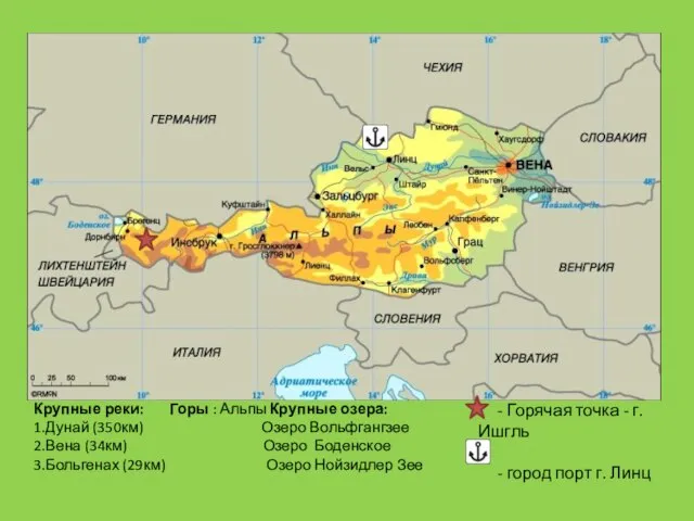 Крупные реки: Крупные озера: 1.Дунай (350км) Озеро Вольфгангзее 2.Вена (34км) Озеро Боденское