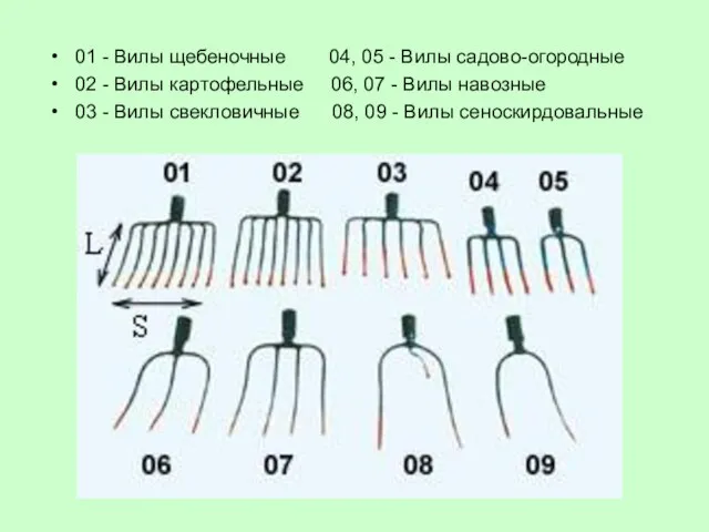 01 - Вилы щебеночные 04, 05 - Вилы садово-огородные 02 - Вилы