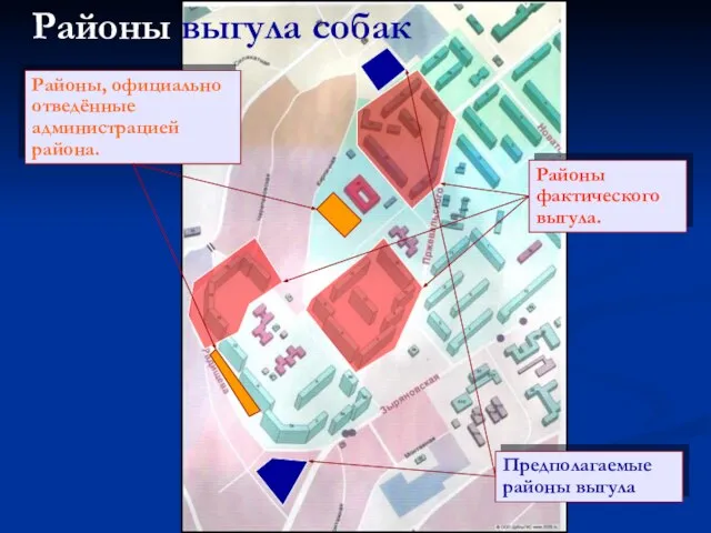 Предполагаемые районы выгула Районы, официально отведённые администрацией района. Районы фактического выгула. Районы выгула собак