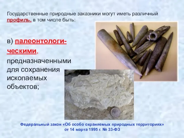 в) палеонтологи- ческими, предназначенными для сохранения ископаемых объектов; Государственные природные заказники могут