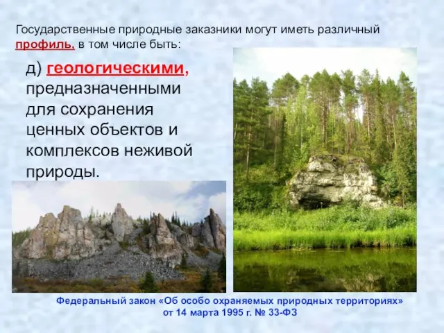 д) геологическими, предназначенными для сохранения ценных объектов и комплексов неживой природы. Государственные