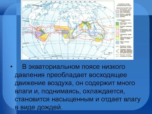 В экваториальном поясе низкого давления преобладает восходящее движение воздуха, он содержит много