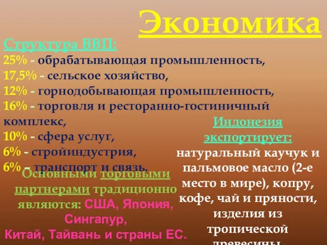 Структура ВВП: 25% - обрабатывающая промышленность, 17,5% - сельское хозяйство, 12% -