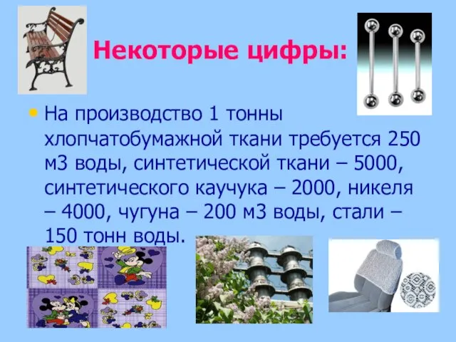 Некоторые цифры: На производство 1 тонны хлопчатобумажной ткани требуется 250 м3 воды,