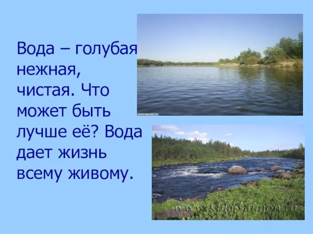 Вода – голубая, нежная, чистая. Что может быть лучше её? Вода дает жизнь всему живому.