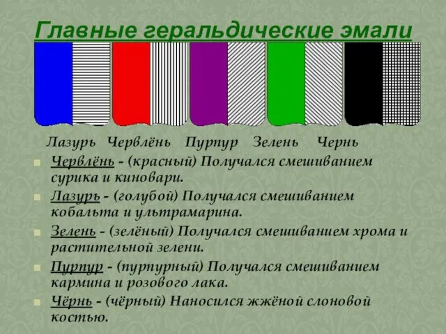 Главные геральдические эмали Лазурь Червлёнь Пурпур Зелень Чернь Червлёнь - (красный) Получался