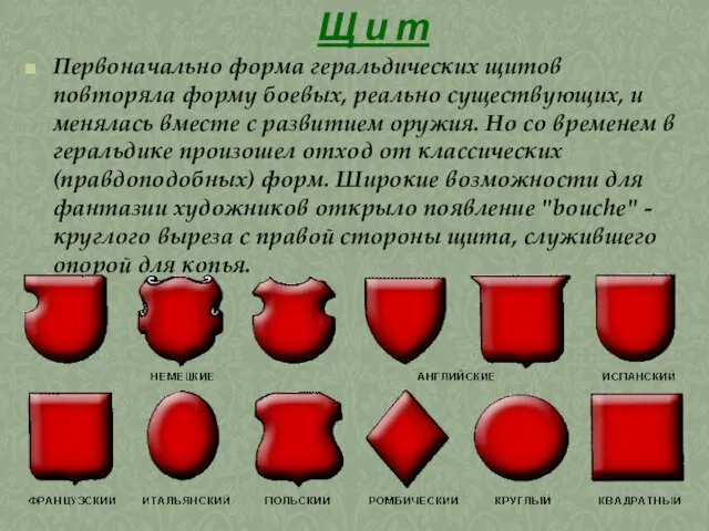 Щ и т Первоначально форма геральдических щитов повторяла форму боевых, реально существующих,