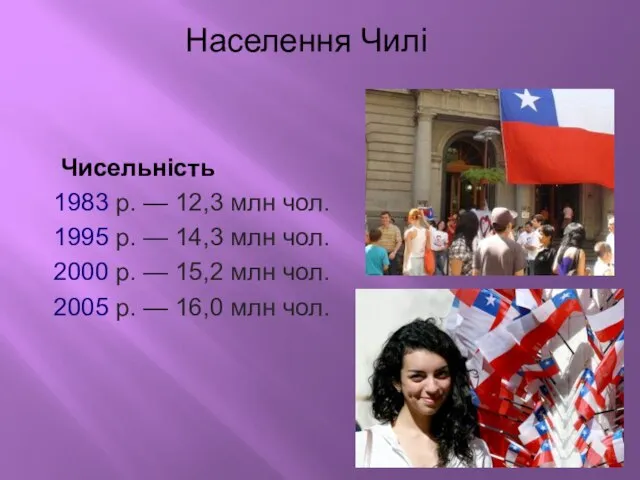 Населення Чилі Чисельність 1983 р. — 12,3 млн чол. 1995 р. —