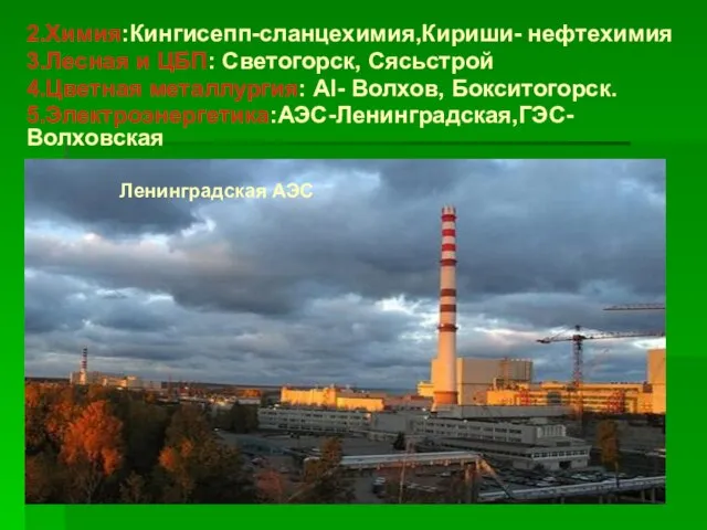 2.Химия:Кингисепп-сланцехимия,Кириши- нефтехимия 3.Лесная и ЦБП: Светогорск, Сясьстрой 4.Цветная металлургия: АI- Волхов, Бокситогорск. 5.Электроэнергетика:АЭС-Ленинградская,ГЭС-Волховская Ленинградская АЭС