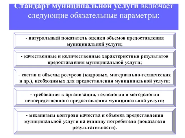 Стандарт муниципальной услуги включает следующие обязательные параметры: - натуральный показатель оценки объемов