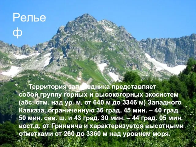 Территория заповедника представляет собой группу горных и высокогорных экосистем (абс. отм. над