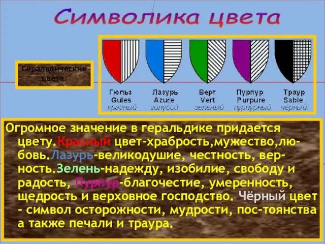 Символика цвета Геральдические цвета. Огромное значение в геральдике придается цвету.Красный цвет-храбрость,мужество,лю- бовь.Лазурь-великодушие,