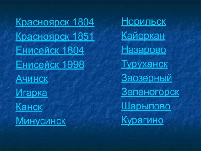 Красноярск 1804 Красноярск 1851 Енисейск 1804 Енисейск 1998 Ачинск Игарка Канск Минусинск