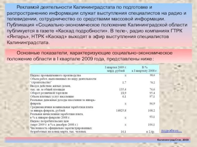 КалининградСтат, 2009 Рекламой деятельности Калининградстата по подготовке и распространению информации служат выступления