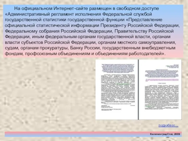 КалининградСтат, 2009 На официальном Интернет-сайте размещен в свободном доступе «Административный регламент исполнения