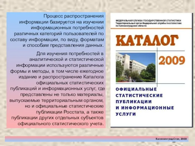 КалининградСтат, 2009 Процесс распространения информации базируется на изучении информационных потребностей различных категорий