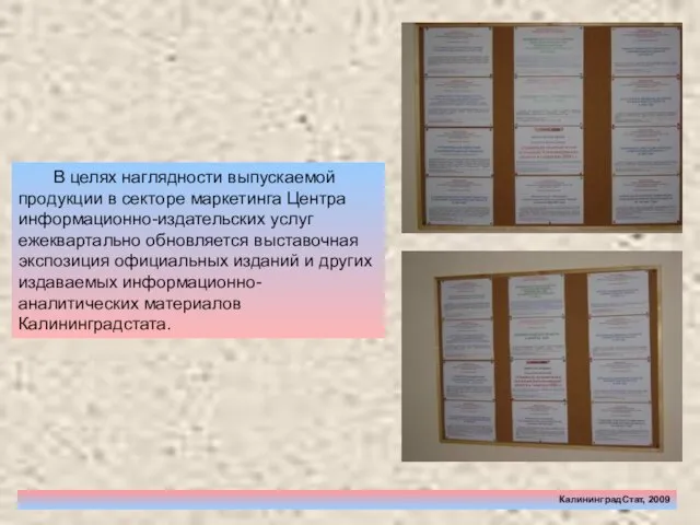 КалининградСтат, 2009 В целях наглядности выпускаемой продукции в секторе маркетинга Центра информационно-издательских