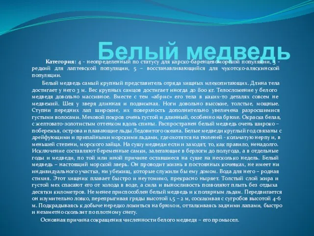 Белый медведь Категория: 4 - неопределенный по статусу для карско-баренцевоморской популяции, 3