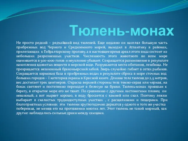 Тюлень-монах Не просто редкий – редчайший вид тюленей. Еще недавно он населял