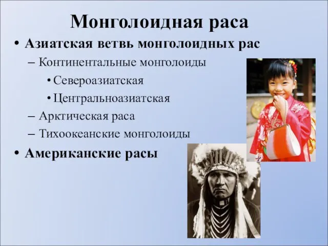 Монголоидная раса Азиатская ветвь монголоидных рас Континентальные монголоиды Североазиатская Центральноазиатская Арктическая раса Тихоокеанские монголоиды Американские расы