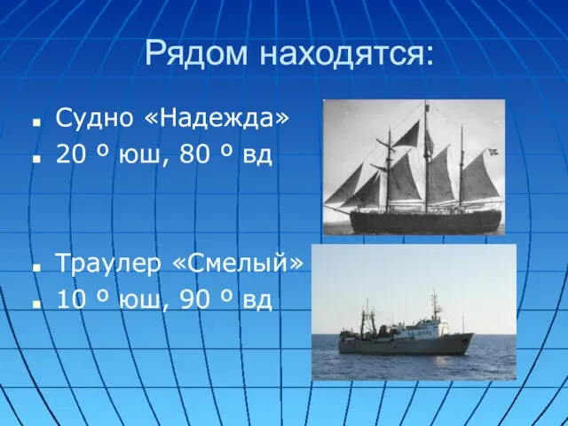 Рядом находятся: Судно «Надежда» 20 º юш, 80 º вд Траулер «Смелый»