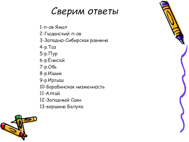 Сверим ответы 1-п-ов Ямал 2-Гыданский п-ов 3-Западно-Сибирская равнина 4-р.Таз 5-р.Пур 6-р.Енисей 7-р.Обь