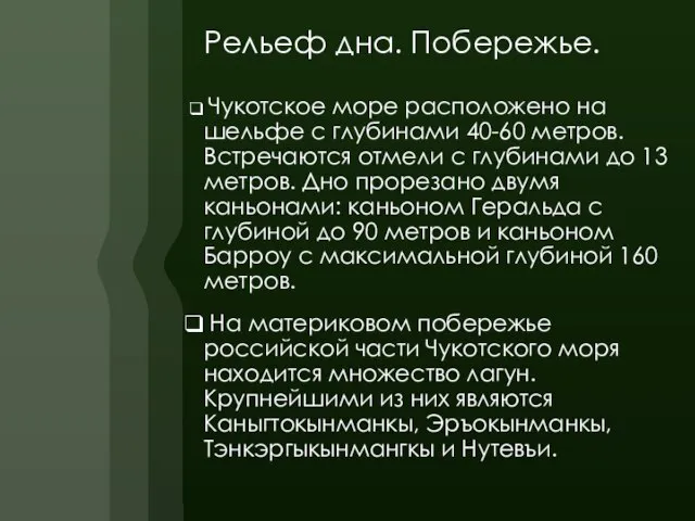 Рельеф дна. Побережье. Чукотское море расположено на шельфе с глубинами 40-60 метров.