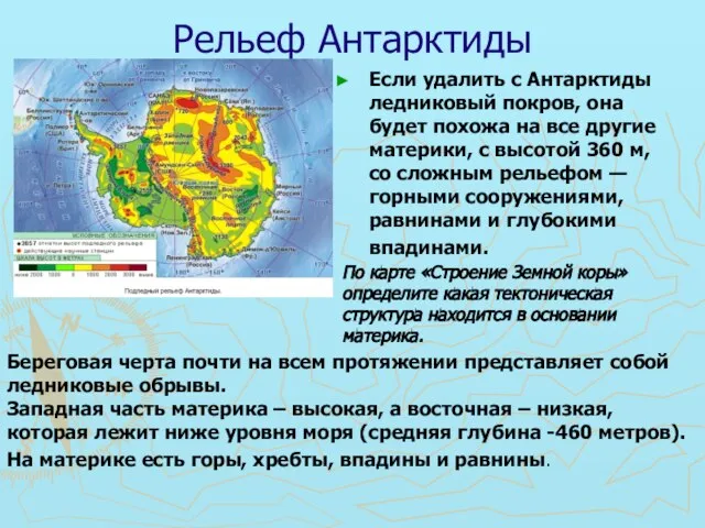 Рельеф Антарктиды Если удалить с Антарктиды ледниковый покров, она будет похожа на